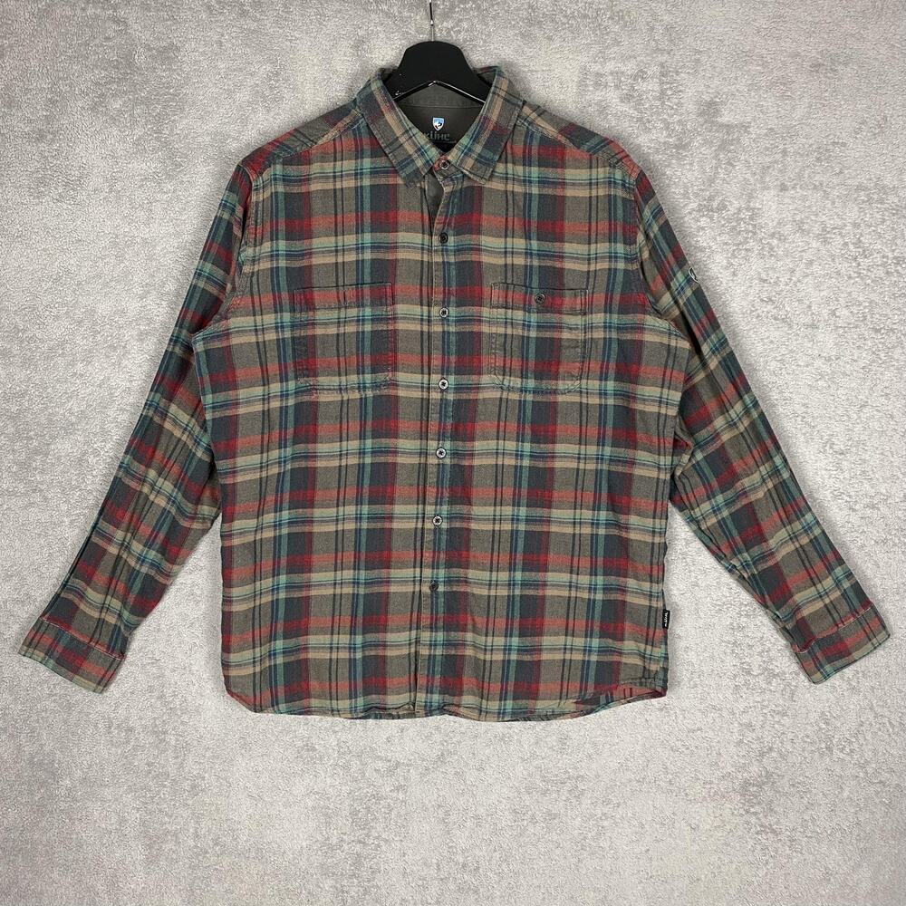 Kuhl Shirt Mens Medium Red Green Plaid Flannel Button Front Outdoor Long Sleeve